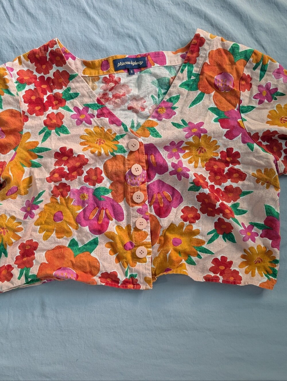 Princess Highway Floral Button-Front Top in White, Pink, Orange, Yellow, Green